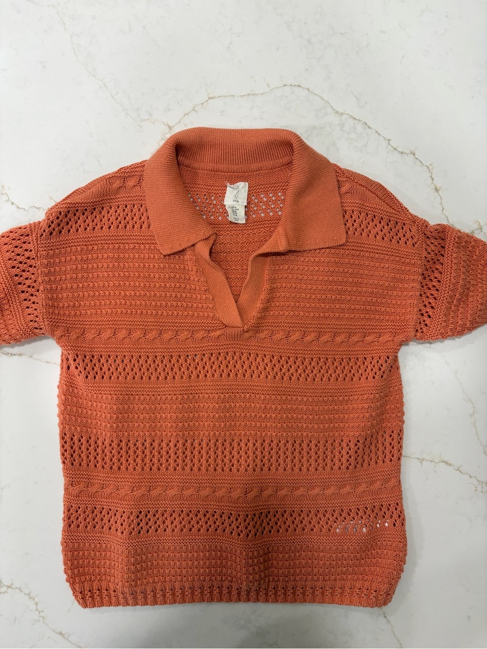 Joie Rust Orange Open Knit Crochet Polo Short Sleeve Sweater Womens M